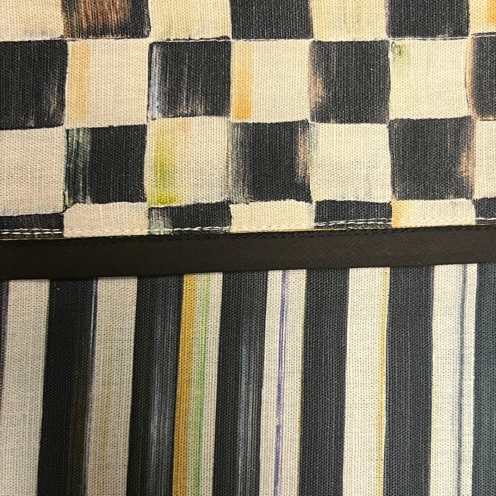 MacKenzie-Childs Striped Canvas Cafe Valance in Black, White, and Yellow hues